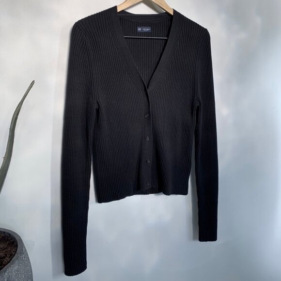 Gap Skinny Rib Cotton Modal Cardigan Black Large Tall - Picture 4 of 8